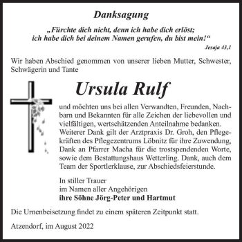 Traueranzeige von Ursula Rulf  von Magdeburger Volksstimme