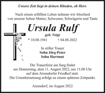 Traueranzeige von Ursula Rulf (geb. Voigt)  von Magdeburger Volksstimme
