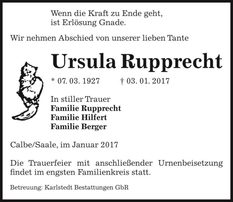  Traueranzeige für Ursula Rupprecht  vom 14.01.2017 aus Magdeburger Volksstimme