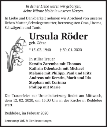 Traueranzeige von Ursula Röder (geb. Götze)  von Magdeburger Volksstimme