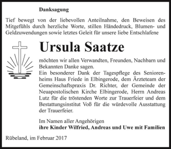 Traueranzeige von Ursula Saatze  von Magdeburger Volksstimme