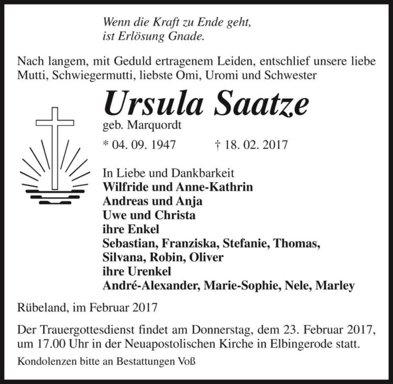  Traueranzeige für Ursula Saatze (geb. Marquordt)  vom 22.02.2017 aus Magdeburger Volksstimme