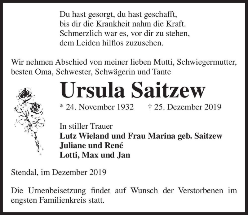  Traueranzeige für Ursula Saitzew  vom 31.12.2019 aus Magdeburger Volksstimme