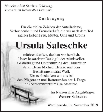 Traueranzeige von Ursula Saleschke  von Magdeburger Volksstimme