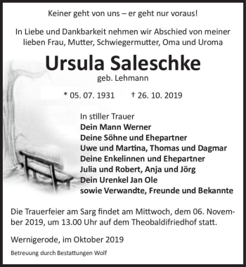 Traueranzeige von Ursula Saleschke (geb. Lehmann)  von Magdeburger Volksstimme
