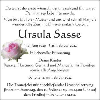 Traueranzeige von Ursula Sasse  von Magdeburger Volksstimme