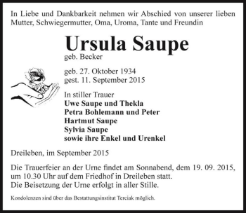 Traueranzeige von Ursula Saupe (geb. Becker)  von Magdeburger Volksstimme