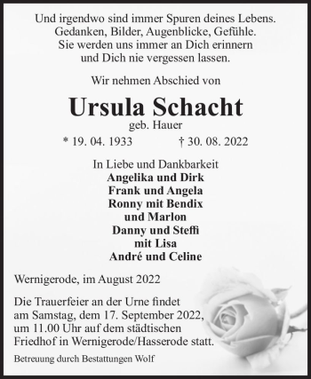 Traueranzeige von Ursula Schacht (geb. Hauer)  von Magdeburger Volksstimme