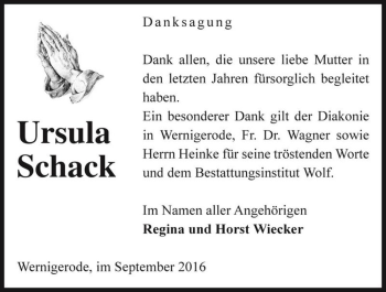 Traueranzeige von Ursula Schack  von Magdeburger Volksstimme