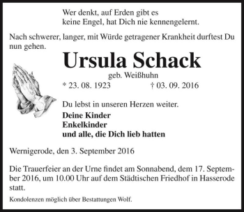 Traueranzeige von Ursula Schack (geb. Weißhuhn)  von Magdeburger Volksstimme