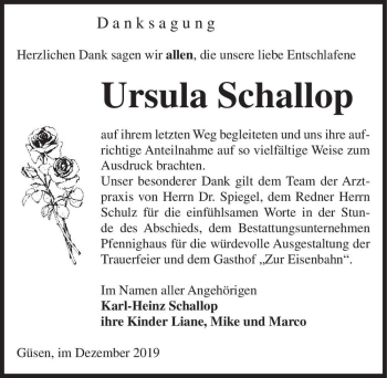 Traueranzeige von Ursula Schallop  von Magdeburger Volksstimme