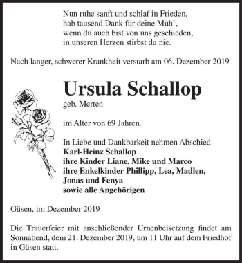 Traueranzeige von Ursula Schallop (geb. Merten)  von Magdeburger Volksstimme