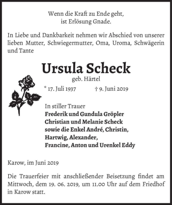 Traueranzeige von Ursula Scheck (geb. Härtel)  von Magdeburger Volksstimme