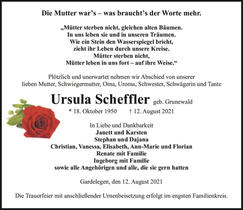  Traueranzeige für Ursula Scheffler (geb. Grunewald)  vom 17.08.2021 aus Magdeburger Volksstimme