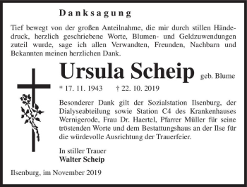 Traueranzeige von Ursula Scheip (geb. Blume)  von Magdeburger Volksstimme