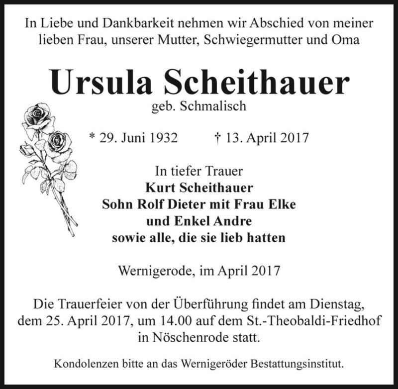  Traueranzeige für Ursula Scheithauer (geb. Schmalisch)  vom 20.04.2017 aus Magdeburger Volksstimme