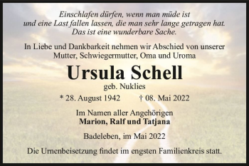 Traueranzeige von Ursula Schell (geb. Nuklies)  von Magdeburger Volksstimme