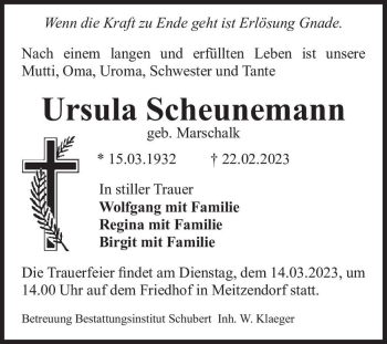 Traueranzeige von Ursula Scheunemann (geb. Marschalk)  von Magdeburger Volksstimme