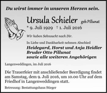 Traueranzeige von Ursula Schieler (geb. Pillunat)  von Magdeburger Volksstimme