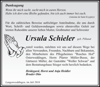 Traueranzeige von Ursula Schieler (geb. Pillunat)  von Magdeburger Volksstimme