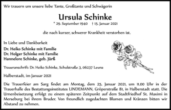 Traueranzeige von Ursula Schinke  von Magdeburger Volksstimme