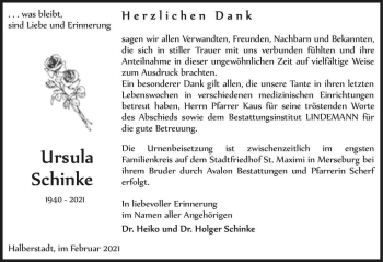 Traueranzeige von Ursula Schinke  von Magdeburger Volksstimme