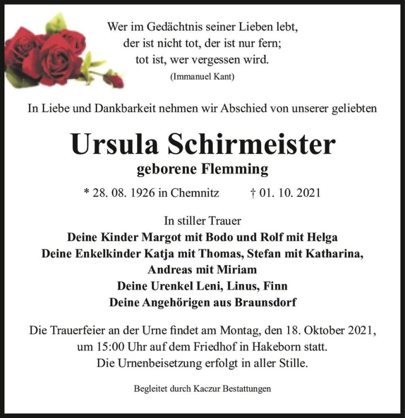  Traueranzeige für Ursula Schirmeister (geb. Flemming)  vom 09.10.2021 aus Magdeburger Volksstimme