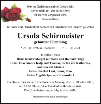 Traueranzeige von Ursula Schirmeister (geb. Flemming)  von Magdeburger Volksstimme