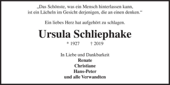 Traueranzeige von Ursula Schliephake  von Magdeburger Volksstimme