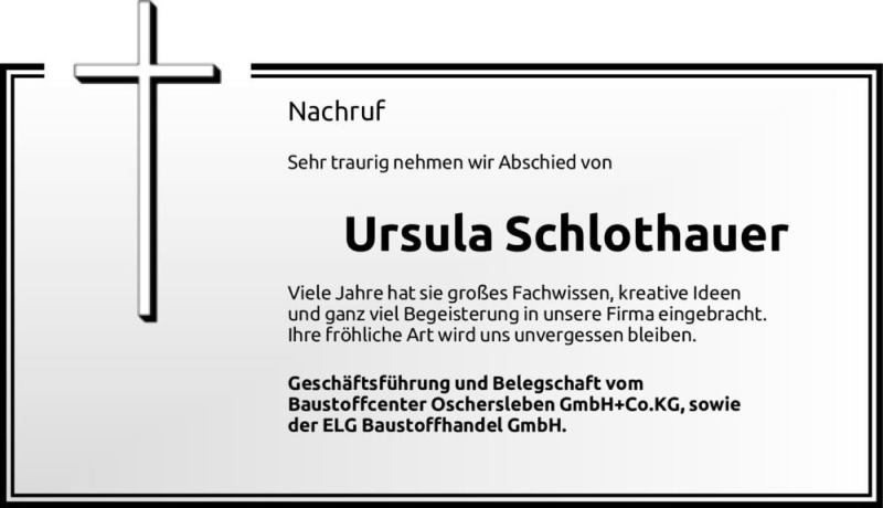  Traueranzeige für Ursula Schlothauer  vom 18.09.2020 aus Magdeburger Volksstimme