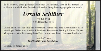 Traueranzeige von Ursula Schlüter  von Magdeburger Volksstimme