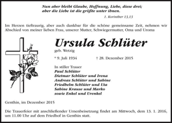 Traueranzeige von Ursula Schlüter (geb. Wetzig)  von Magdeburger Volksstimme