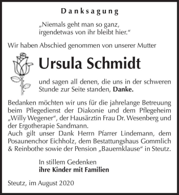 Traueranzeige von Ursula Schmidt  von Magdeburger Volksstimme