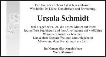 Traueranzeige von Ursula Schmidt  von Magdeburger Volksstimme