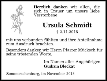 Traueranzeige von Ursula Schmidt  von Magdeburger Volksstimme