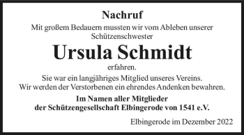 Traueranzeige von Ursula Schmidt  von Magdeburger Volksstimme