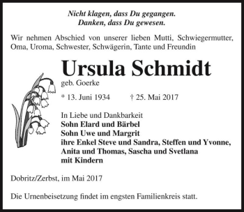 Traueranzeige von Ursula Schmidt (geb. Goerke)  von Magdeburger Volksstimme