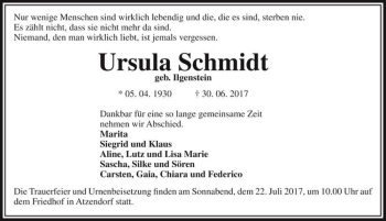 Traueranzeige von Ursula Schmidt (geb. Ilgenstein)  von Magdeburger Volksstimme