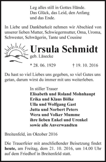 Traueranzeige von Ursula Schmidt (geb. Läsecke)  von Magdeburger Volksstimme