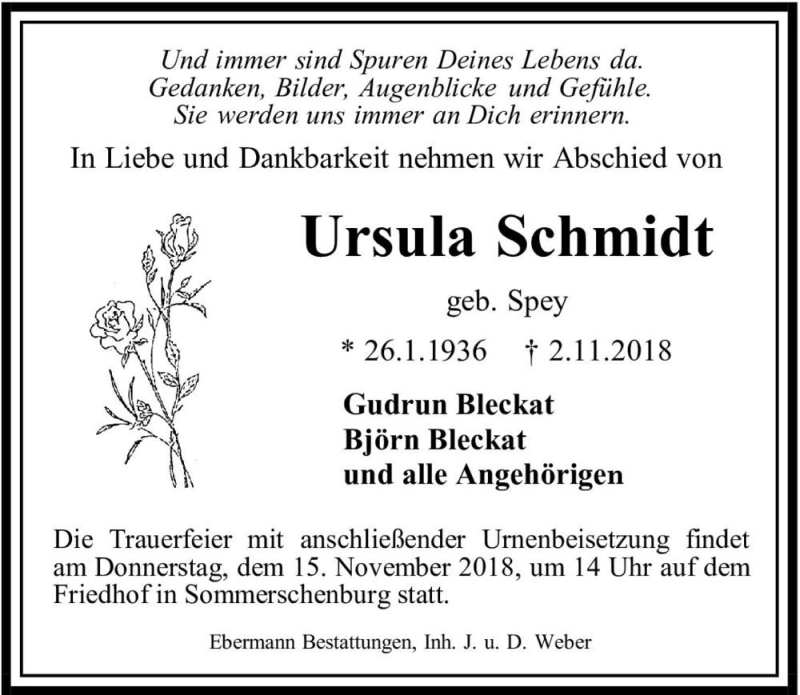  Traueranzeige für Ursula Schmidt (geb. Spey)  vom 10.11.2018 aus Magdeburger Volksstimme