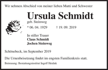 Traueranzeige von Ursula Schmidt (geb. Steinweg)  von Magdeburger Volksstimme