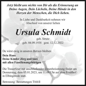 Traueranzeige von Ursula Schmidt (geb. Strutz)  von Magdeburger Volksstimme
