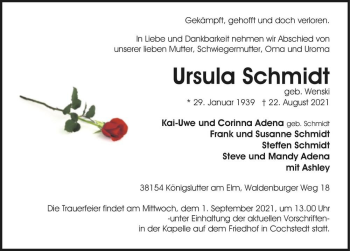 Traueranzeige von Ursula Schmidt (geb. Wenski)  von Magdeburger Volksstimme