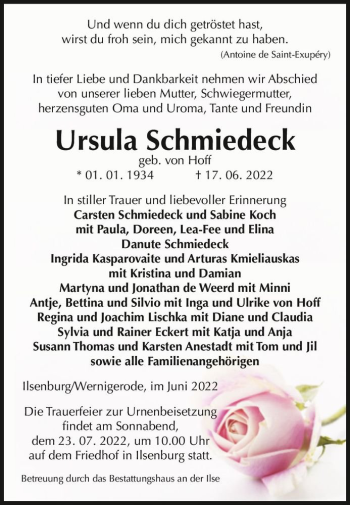 Traueranzeige von Ursula Schmiedeck (geb. von Hoff)  von Magdeburger Volksstimme