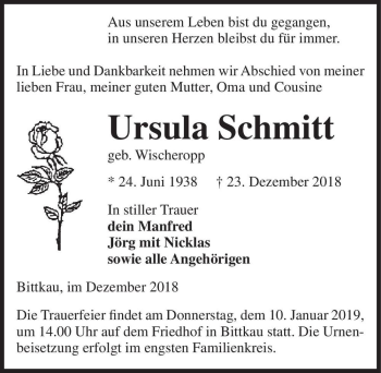 Traueranzeige von Ursula Schmitt (geb. Wischeropp)  von Magdeburger Volksstimme