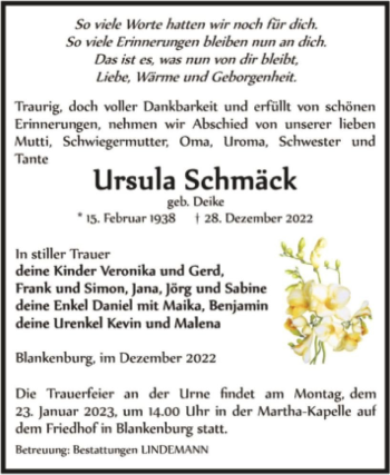 Traueranzeige von Ursula Schmäck (geb. Deike)  von Magdeburger Volksstimme
