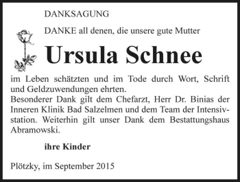 Traueranzeige von Ursula Schnee  von Magdeburger Volksstimme