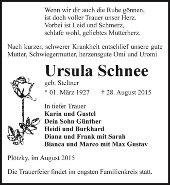 Traueranzeige von Ursula Schnee (geb. Steltner)  von Magdeburger Volksstimme