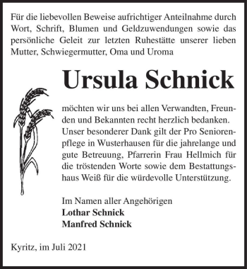Traueranzeige von Ursula Schnick  von Magdeburger Volksstimme