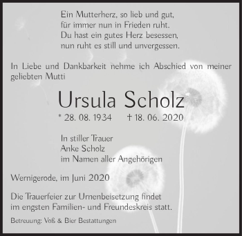 Traueranzeige von Ursula Scholz  von Magdeburger Volksstimme